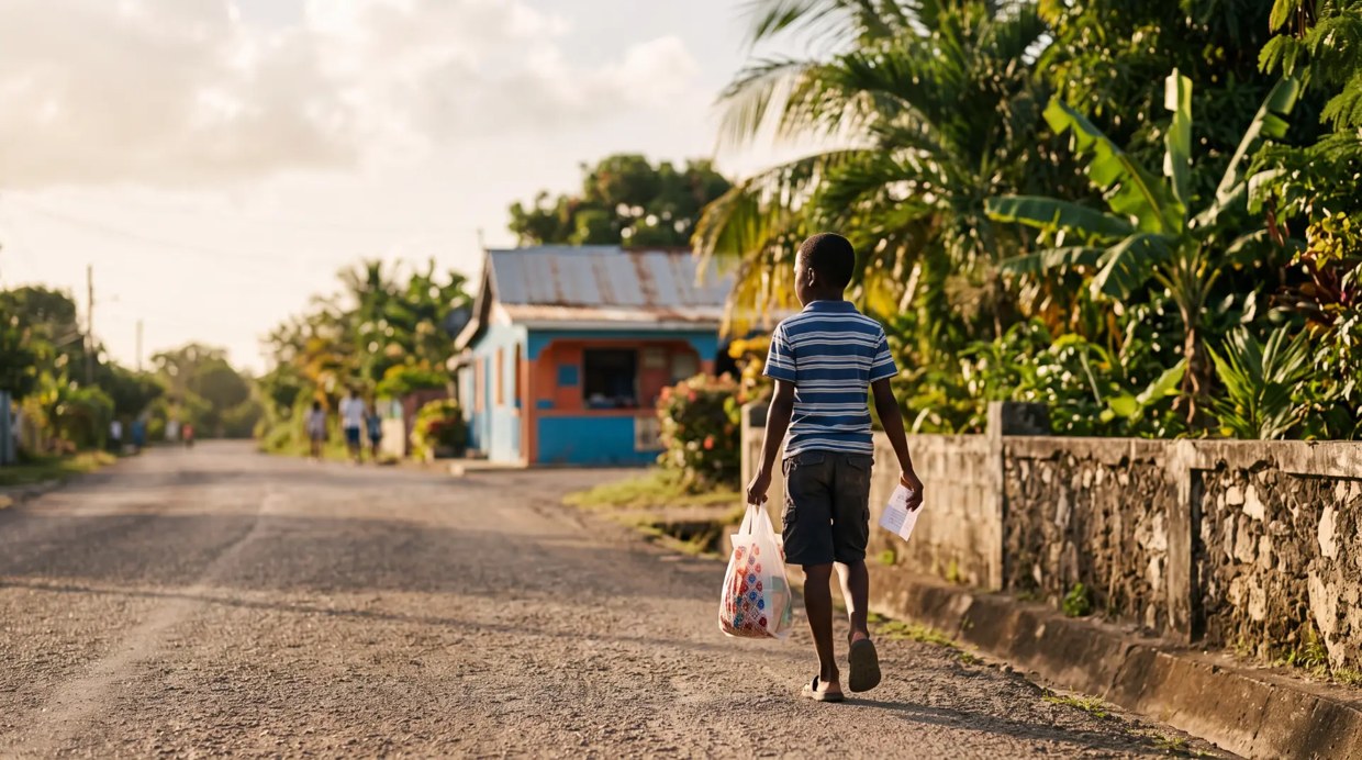 A child walking home from a village shop with a bag and a list, Caribbean AI Brief Issue 09, August 2026