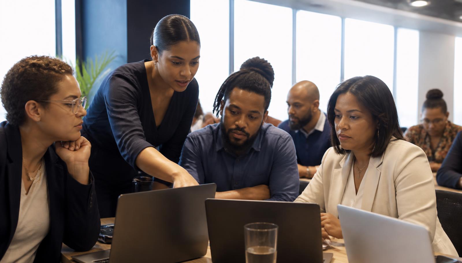 Caribbean professionals working on laptops during a live Amplifi AI training session