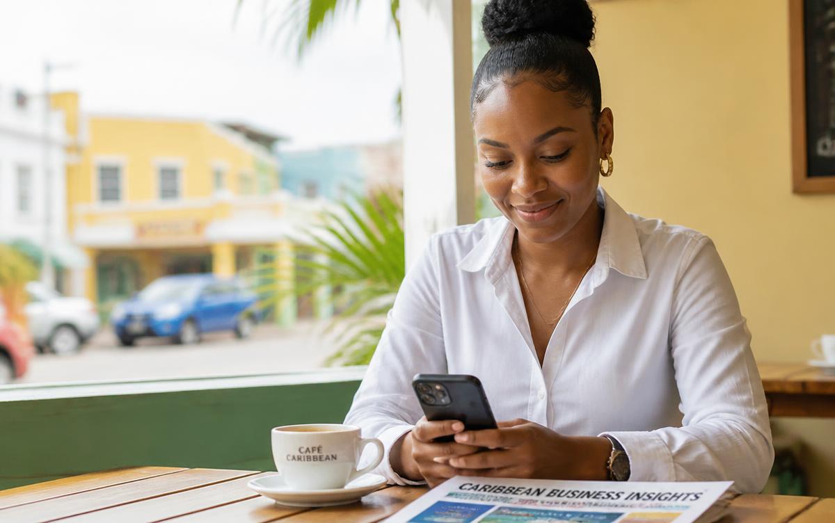 Caribbean professional reading the Caribbean AI Brief on her phone over morning coffee