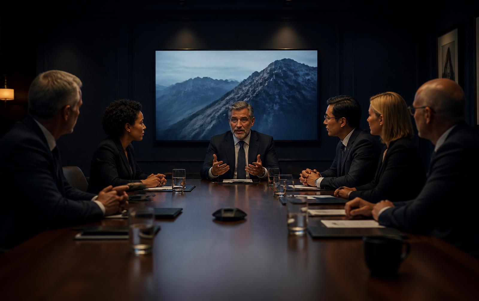 Executive leadership AI briefing in a Caribbean boardroom