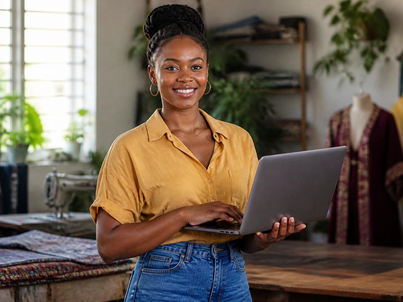 A young Caribbean entrepreneur working on her laptop in her own small business studio
