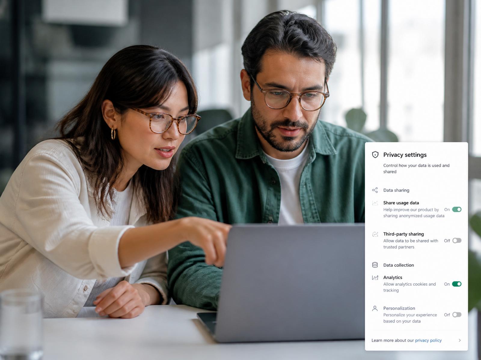 Colleagues checking the privacy settings of an AI tool together