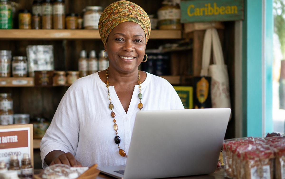 Caribbean small business owner working on a laptop behind her shop counter