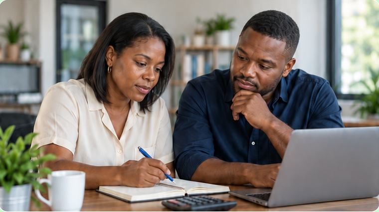 Two business owners working through their costs and pricing together.