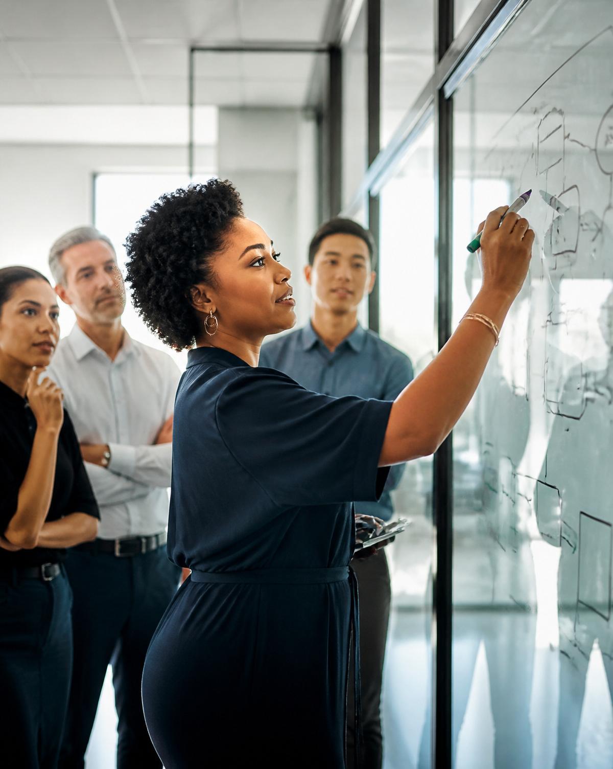 Facilitator mapping an AI workflow on a glass whiteboard with a team