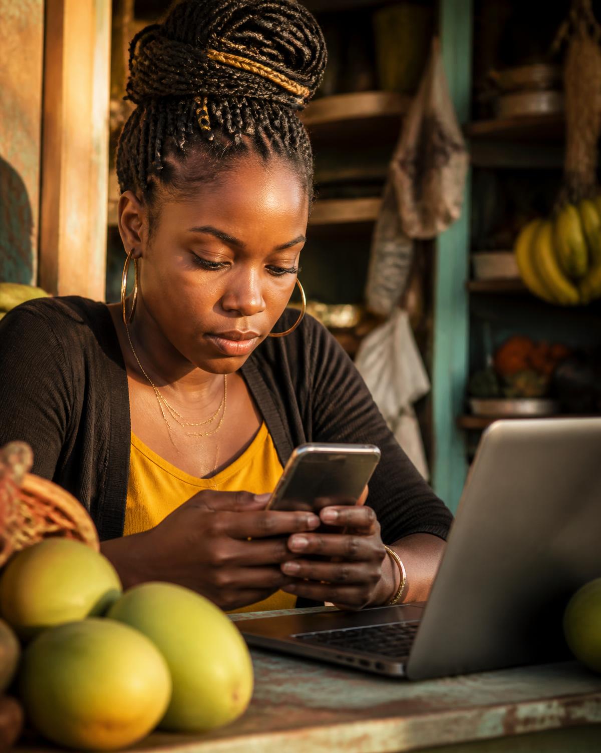 A young Caribbean business owner managing her shop from her phone and laptop