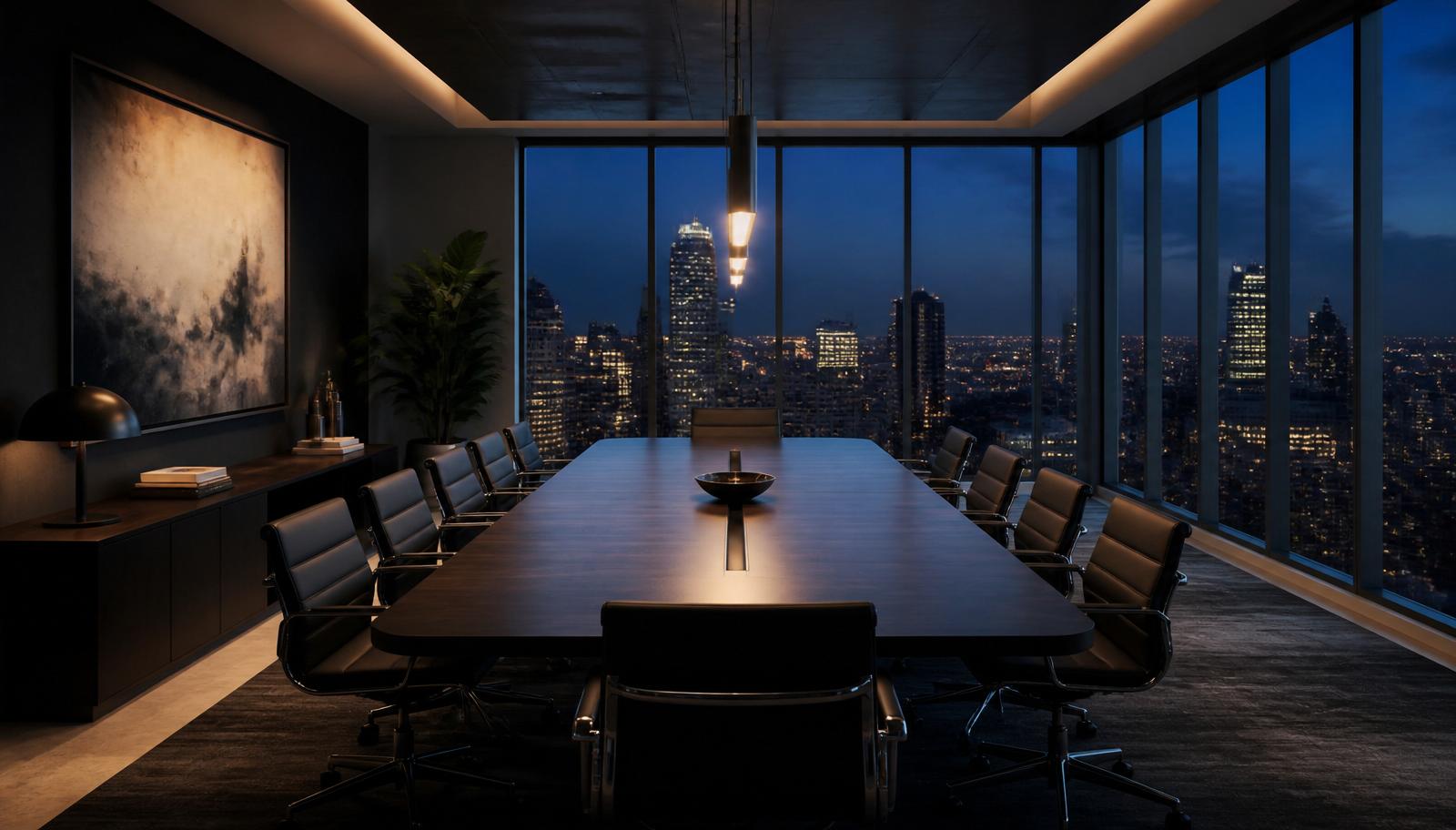 Caribbean boardroom at dusk before an AI strategy advisory session