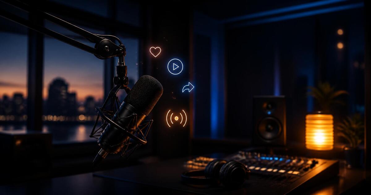 An empty radio studio at dusk with a broadcast microphone and glowing social media icons — One Radio Segment Beat My Entire Digital Ad Spend
