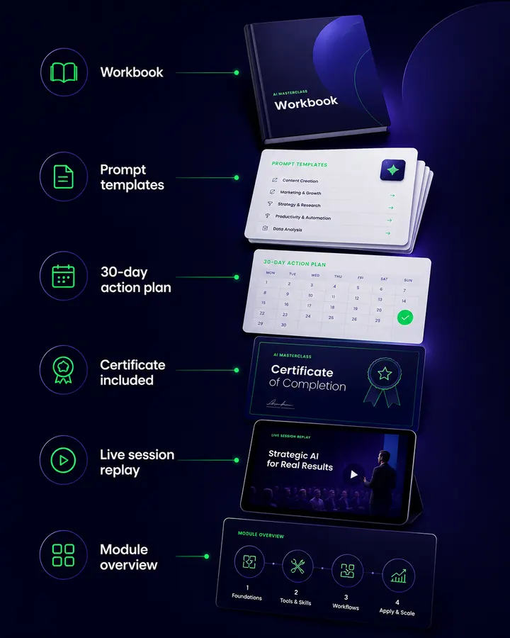 Masterclass deliverables: workbook, prompt templates, 30-day action plan, certificate, session replay, module overview