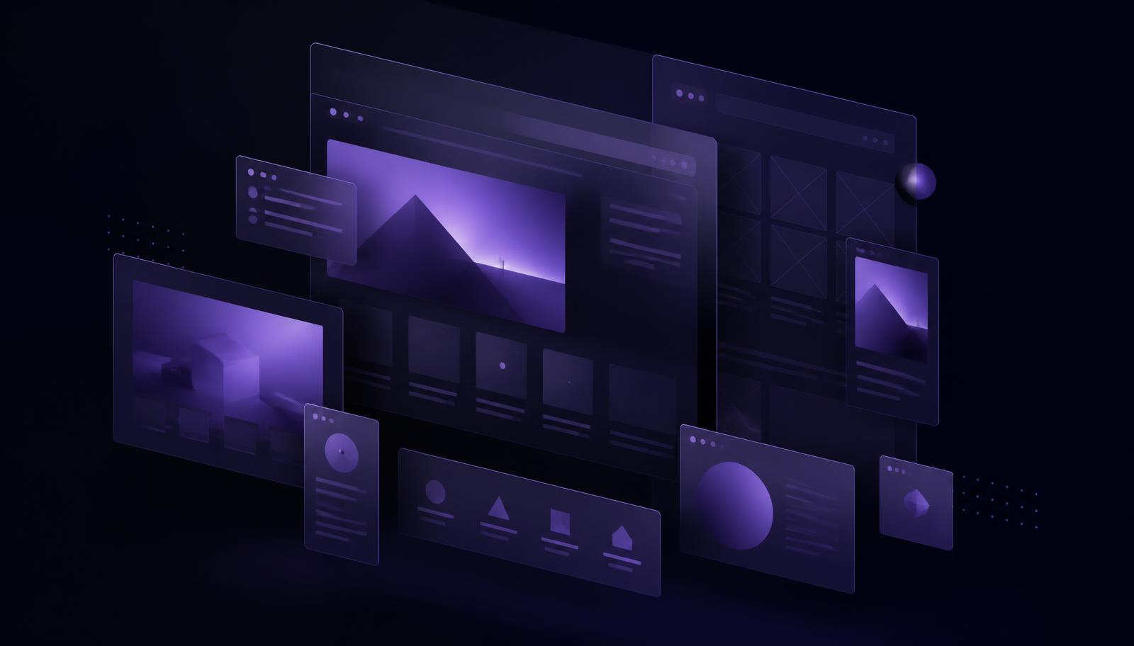 Layered website interface panels in violet and indigo, representing Amplifi Studio web design work