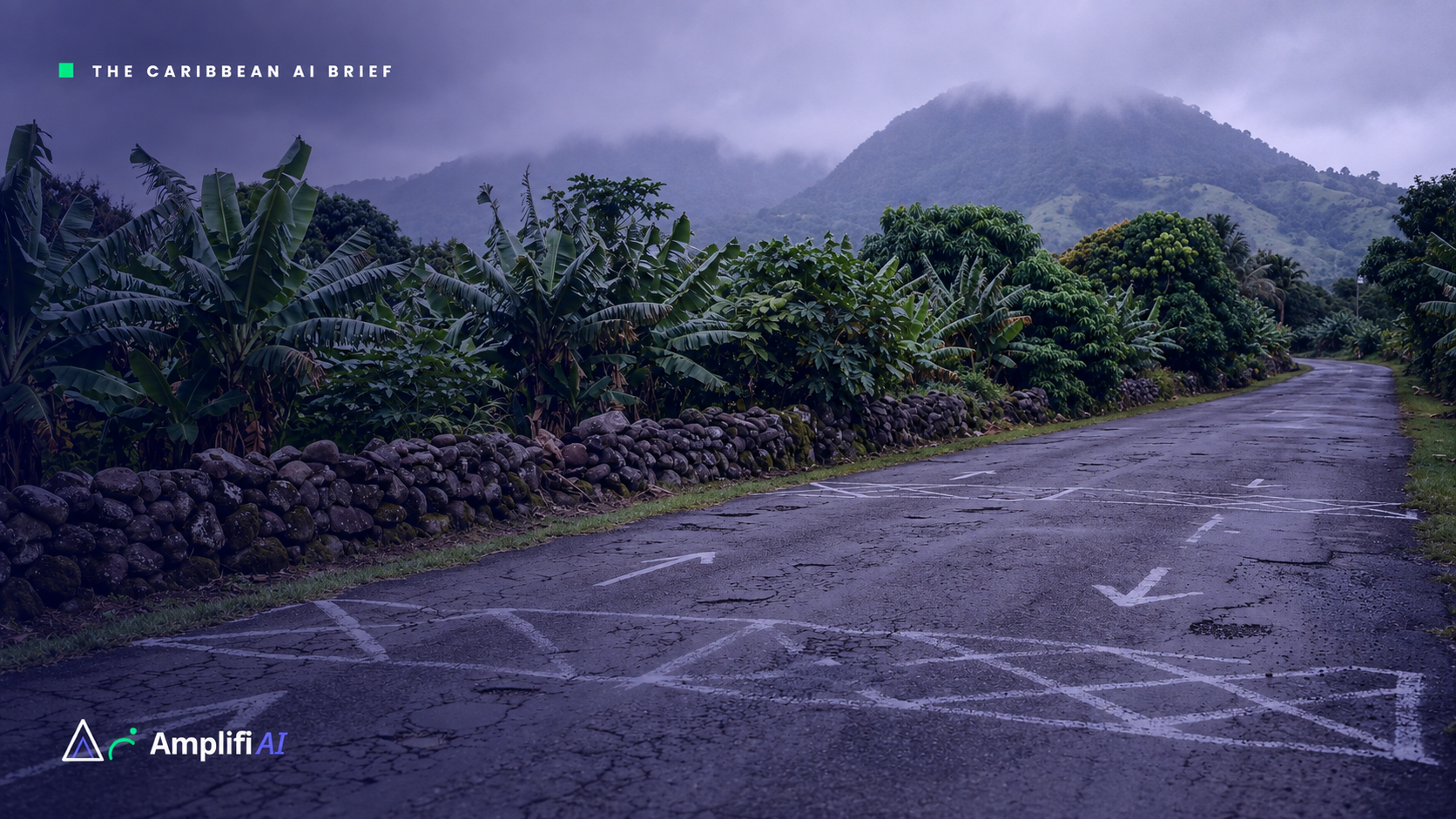 Faded surveyor's markings on a cracked rural Caribbean road, Caribbean AI Brief Issue 08, August 2026
