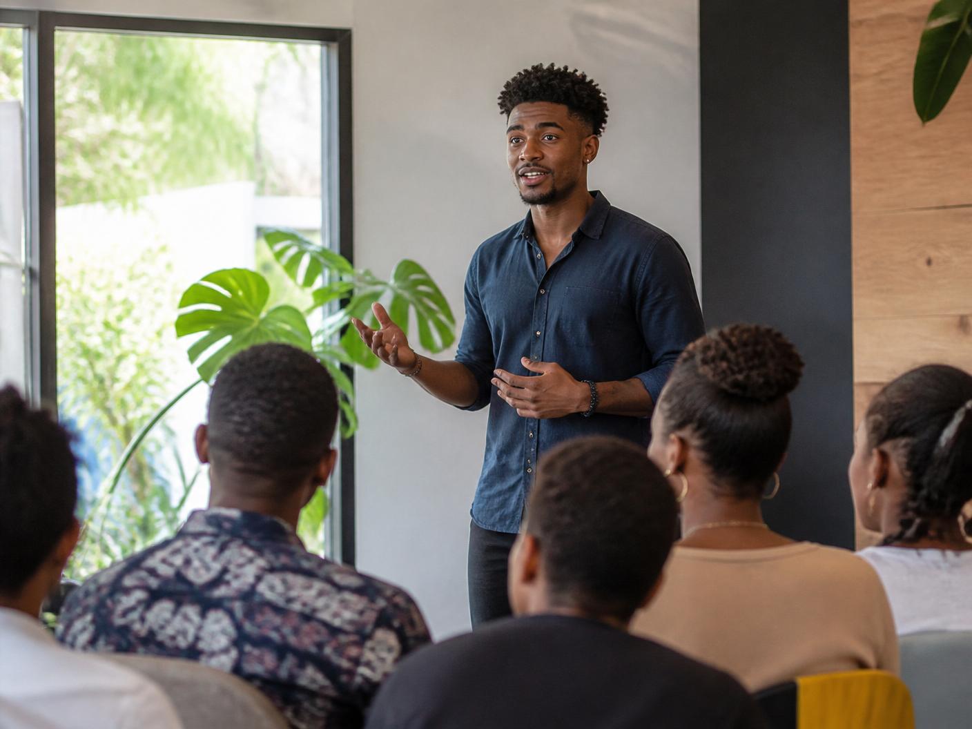 A young Caribbean founder pitching his business to an audience
