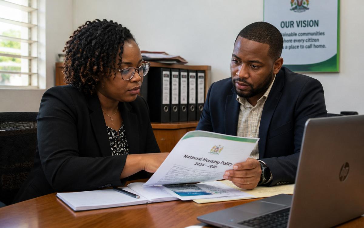 Two Caribbean professionals reviewing a policy document together in an office
