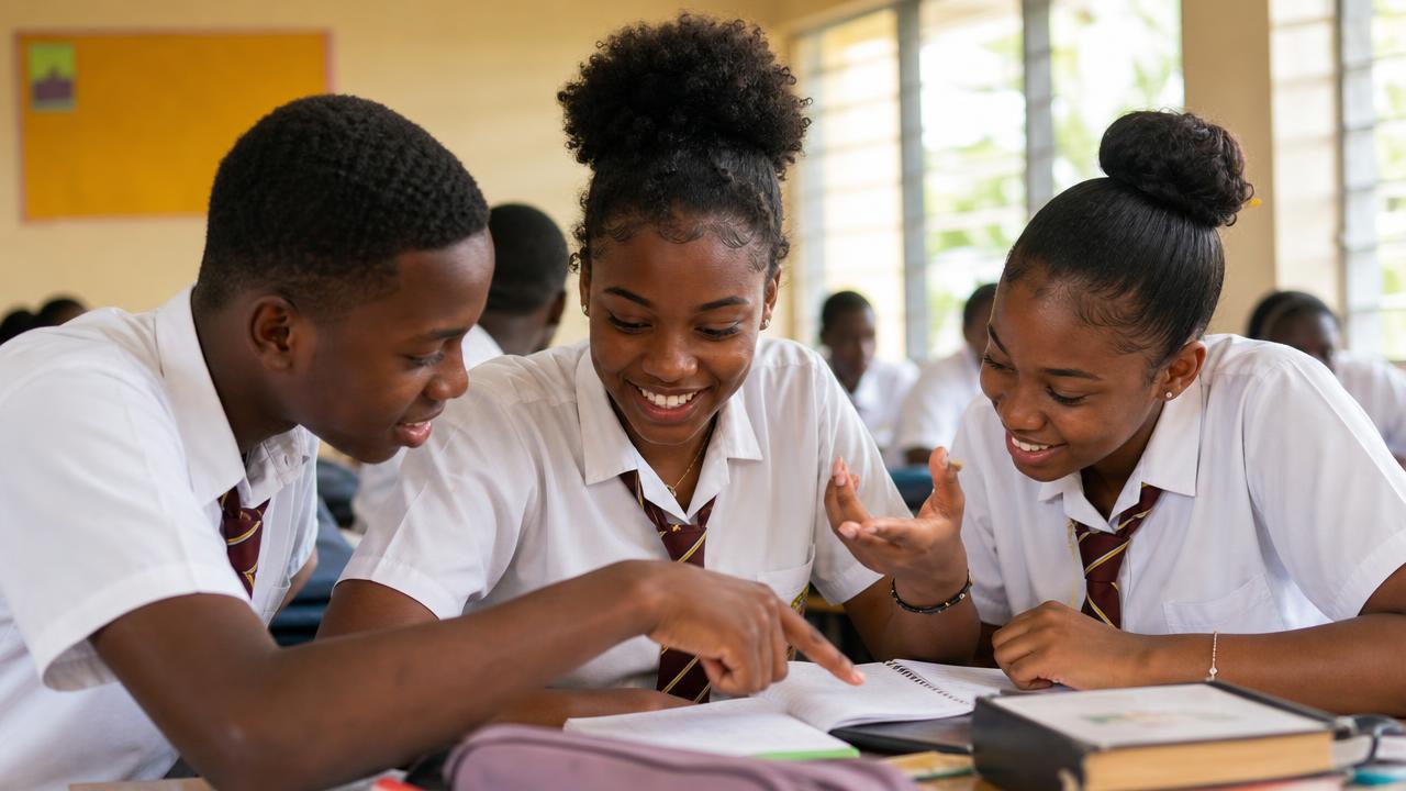 Caribbean secondary school students collaborating over notebooks in a classroom — Caribbean AI Brief, Issue 3