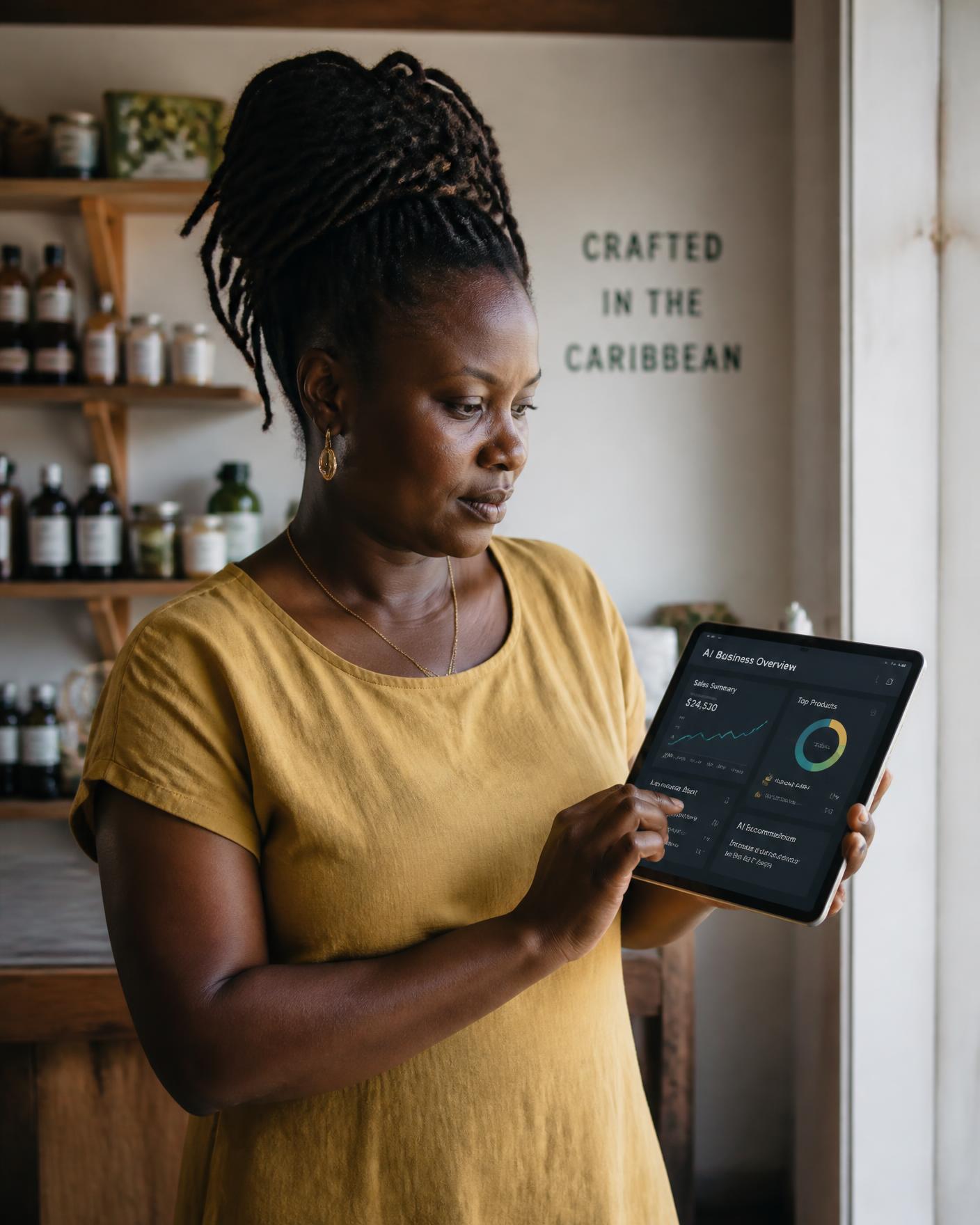 A Caribbean business owner reviewing an AI business dashboard on a tablet