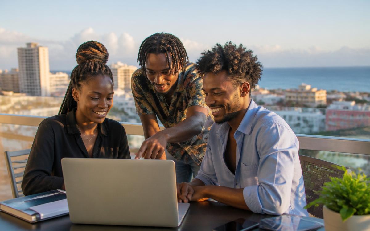 Young Caribbean tech team collaborating on a laptop on a balcony overlooking the sea