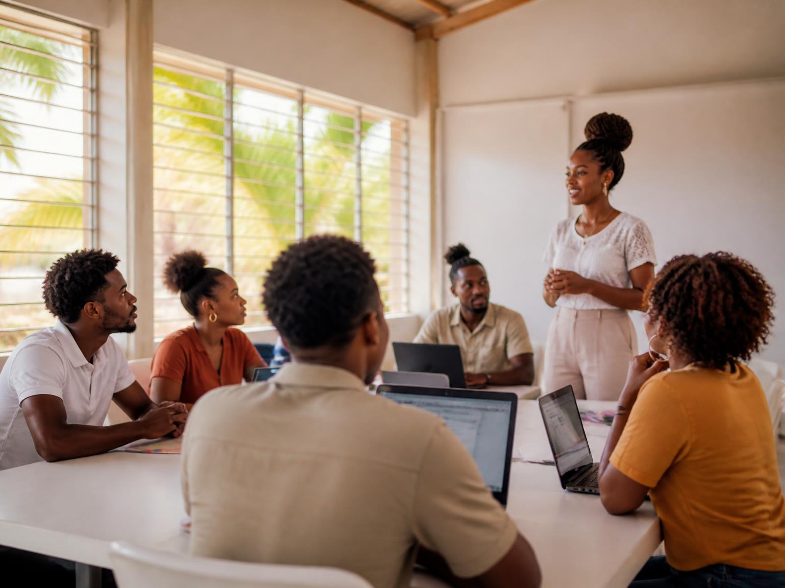 Participants working on laptops during an Amplifi AI business workshop in Barbados