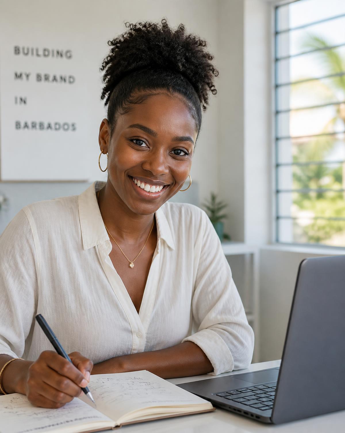 A young Barbadian founder planning her business beside a laptop