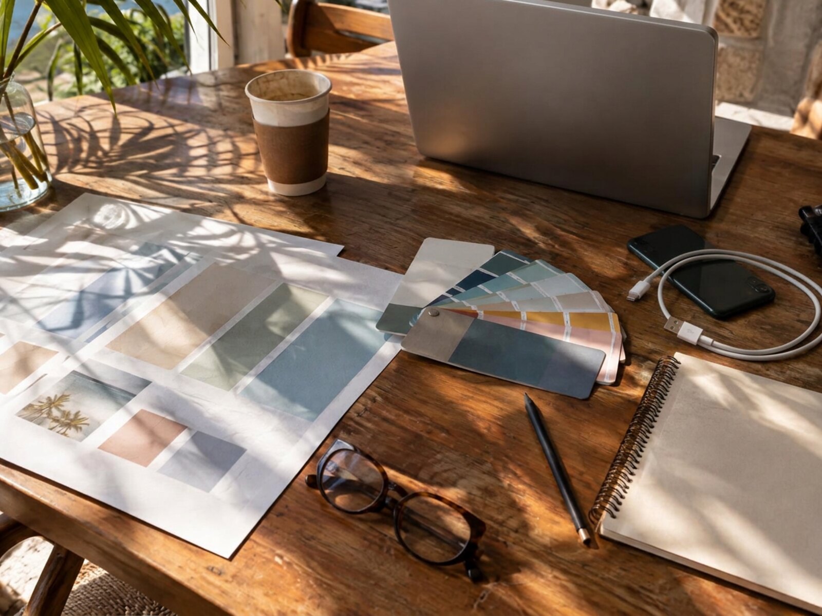 Workshop table in Barbados with brand guideline sheets, colour swatches, a laptop and coffee in palm light